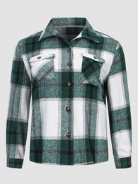 Outerwear Finjani Green Plaid Flap Pocket Button Through Shirt Plus Size 4XL Home Casual And White Women's