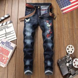 Men's Jeans Brand Chinese Style Floral Embroidery Full Length Mens Denim Pants Straight Runway Fashion Washed Elastic Trouser2558