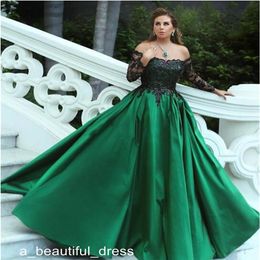 Off-Shoulder Women Ball Gown Quinceanera Dresses Hunter Green With Black Appliques Sequins Evening Dress Long Sleeves Prom Gown ED225L