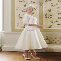 2020 Garden Short Wedding Dresses Tea Length Satin V Neck Lace Back Bridal Gowns With 3 4 Long Sleeves Vintage 1960s 50s Wedding G277q