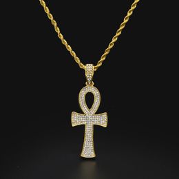 Chave da vida egípcia Ankh Colar com pingente de cruz banhado a ouro pingente de corrente cheia de strass de luxo com pingente de cruz joias Drop Shippin256Z