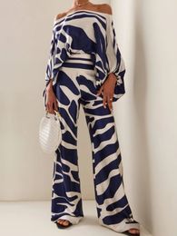 Women's Two Piece Pants Fashion Print Satin 2 Piece Sets Women Casual Lantern Sleeve Off Shoulder Top Wide Leg Pants Suit Chic Blouse Office Lady Outfit 230719