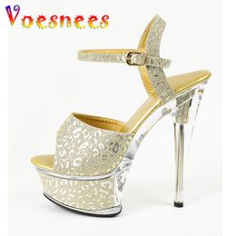 Sandals Women Golden Emboss High Heels Ankle Strap Gladiator Sandals 15CM Stiletto Party Shoes Thick Bottom Stage Perform Pumps 230719