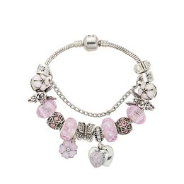 New Pink Crystal Beaded Bracelet Luxury Designer for Pandora Silver Plated DIY Charm Angel Peach Heart Pendant Bracelet with Origi232p