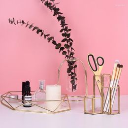 Vases Transparent Glass Makeup Brushes Storage Nordic Brass Holder Pencil Bucket Make Up Organiser Multi-function Home Decor