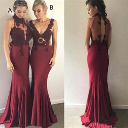 Burgundy Bridesmaid Dresses For Western Weddings High Neck Hollow Out Applique Lace Maid Of Honour Gowns Mermaid Evening Prom Vesti231E