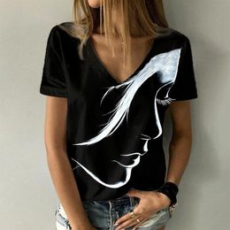 Damenmode Neues Retro-Gesichtsdruck-Thema Kurzarm-T-Shirt V-Ausschnitt Basic-Shirt Top Sommer Übergroße Y2k-Kleidung für Mädchen