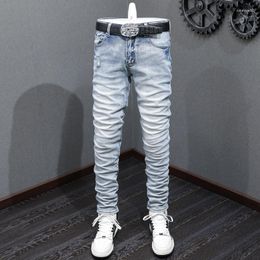 Men's Jeans Street Fashion Men High Quality Retro Light Blue Elastic Stretch Skinny Fit Ripped Hip Hop Brand Designer Pants