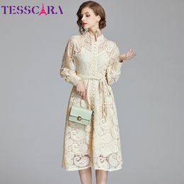 Basic Casual Dresses TESSCARA Women Autumn Luxury Lace Dress Female Designer Vintage Cocktail Party Robe High Quality Celebrity-inspired Vestidos 230719