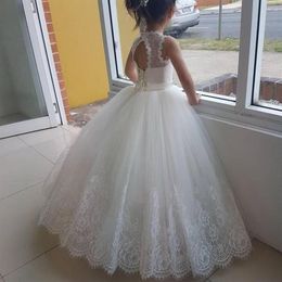 White Ivory Flower Girls Dress Lace Appliques Tulle Floor Length Backless First Communion fluffy Party Dresses297K