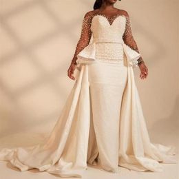 Vestidos de noiva de manga comprida plus size sereia com overskirt pérolas frisados ilusão africano 2020 vestidos de noiva personalizados vestidos2313