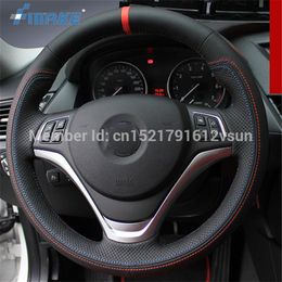 For BMW X1 High Quality Hand-stitched Anti-Slip Black Leather Blue Red Thread DIY Steering Wheel Cover2087