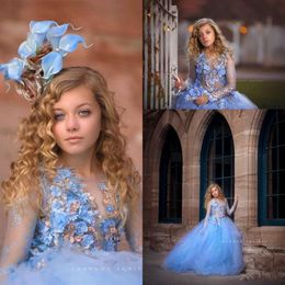 Blue Princess Flowers Girls Dresses For Wedding Long Sleeve 3d Floral Lace Applique Bead Ball Gown Kids Pageant Gowns First Commun2542