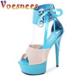 Sandals Thin Heels Mixed Colors Adult Stripper Shoes Women's Summer Sandals Platform 15cm Ankle Strap Patent Leather Women Bed Shoes L230720