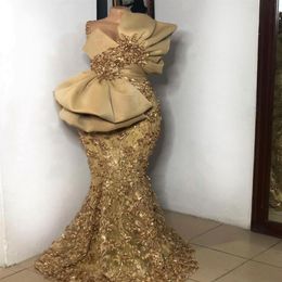robe de soiree de mariage altın deniz kızı gece elbiseler büyük yay uzun aplike edilmiş boncuklu Afrika balo elbisesi Arapça vestidos formales327w