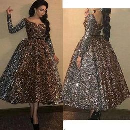 Sparkling Sequined Arabic Long Sleeve Evening Dresses Sexy Scoop vestido de festa Women Prom Dress Formal Muslim Party Dress186j