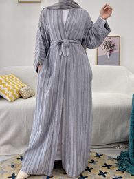 Ethnic Clothing Special Price clearance promotion Fashion Striple Stitch muslim peignoir Robes syari Dubai female Abaya Muslim Dress with belt 230720