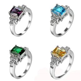 Luckyshien Family Friend Gifts Rings Amethyst Topaz Square Rings 925 Silver Wedding Lovers Men Women Jewelry191u