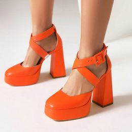 Sandals Closed Toe Western Fashion Wide Cross-Buckle Strap Party Mary Janes Pumps For Women Orange Block High Heels Platform Sandals 230719