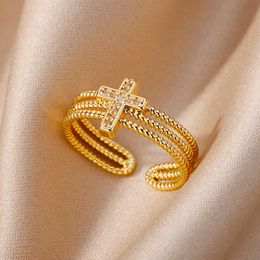 Zircon Stone Cross Rings for Women Med Adjustable Stainless Steel Ring New in Design Luxury Wedding Jewerly Gift 2023 anillos