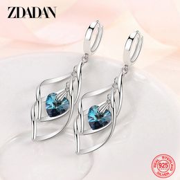 Stud ZDADAN 925 Silver Hollow Blue Crystal Long Drop Earrings Suitable for Womens Fashion Wedding Jewelry Gifts 230719