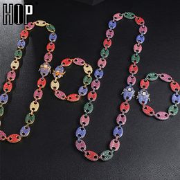 HIP HOP 1kit Bling Multicolor Coffee Bean Iced Out CZ Pig Nose Rhinestone Charm Link Chain Necklaces & Bracelet for Men Jewelry301K