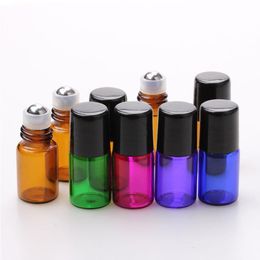 Mix Colors METAL Roller Ball Bottles 1ml 2ml Amber Purple Blue Green Red Glass Bottles with Stainless Steel Ball and Black Lids Fptdx