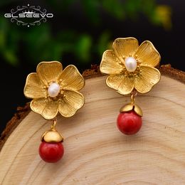 Stud GLSEEVO 925S Silver Charm Dangle Earrings For Women Natural Fresh Water Red Chalcedony Pearl Earring Fine Luxury Jewelry GE0041 230719