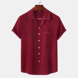Men's Casual Shirts Solid Colour Men Shirt Stylish Single-breasted Lapel Cardigan Loose Fit Short Sleeve With Patch Pocket