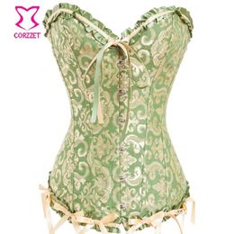 Green Gold Elegant Jacquard Overbust Corset Gothic Clothing W Ribbon Bow Sexy ett For Women Victorian Corsets and Bustiers243k