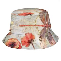 Berets Red Jewel Damselfly Fisherman'S Hat Bucket Hats Caps Insect Dragonfly Beautiful Stained Glass Stephanie Law Shadowscapes