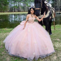 Pink Princess Sweetheart Quinceanera Dresses Girls Ball Gown Lace Bow Tull Ball Gown Sweet Vestido De 15 Anos