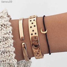 3 Pcsset Punk Hollow Moon Star Bangle Gold Silver Colour Bracelets Leather Chain Bracelet Female Charm Multilayer Cuff Jewellery L230704