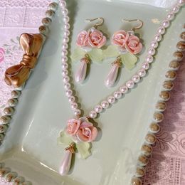 Dangle Earrings 1 Pair Small Fresh Sweet Pink Flowers Water Droplets Pearl Temperament Ear Hooks Light Luxury High-end