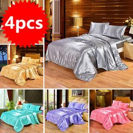 4pcs Luxury Silk Bedding Set Satin Queen King Size Bed Set Comforter Quilt Duvet Cover Linens with Pillowcases and Bed Sheet 20102316A
