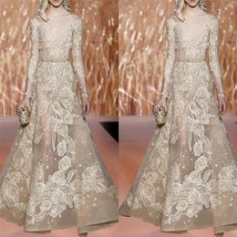 Elie Saab 2018 Prom Dresses Champagne Sheer Bateau Long Sleeves Formal Dress Evening Wear Illusion Floo -Length Party Gowns With S184M