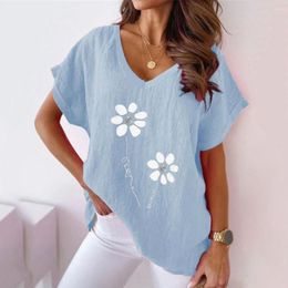 Women's Blouses Women Summer T-shirt V-neckline Top Floral V Neck Tee Soft Breathable Mid-length For Pullover