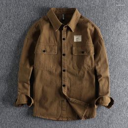 Men's Casual Shirts Heavy Cotton Twill Woven Vintage Cargo Long Sleeve Shirt Jacket Autumn Winter Work Style Versatile Youth Coat