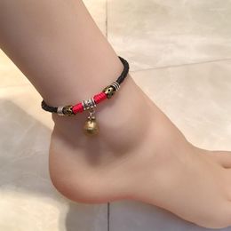 Anklets AAK020 Vintage Fashion Jewellery Women Metal Black Leather Rope Bell Charm Anklet Bracelet Barefoot Sandal Beach Foot Chain Mujer
