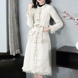 Women's Trench Coats AL60634 Long Sleeve Single Breasted Lace-up Pocket Plaid Tweed Fringe Coat For Women 2023 Fall Winter
