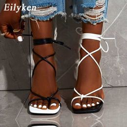 Sandals Eilyken New Fashion Sexy Lace Up Women Sandals Square Toe Thin Heel Cross Tied Party Shoes High Heel 9CM Black White Size 35-42 L230720