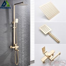 Brushed Gold Shower Faucet In Wall 8" Stainless Steel Rainfall Bath Shower Set Swivel Bath Spout Black Bathroom Shower Column262V