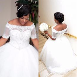 African Plus Size White Ivory Ball Gown Wedding Dresses with Short Sleeves Lace-up Boat Neck Beaded Crystals Wedding Gowns266u