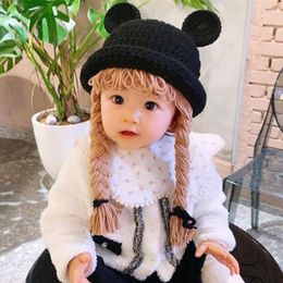 Berets 2023 Cute Baby Girl Boy Bucket Hat Hair Pigtail Braid Wig Cap Winter Warm Crochet Knit Children Kids Girls Hats And Caps Black