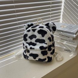 School Bags Cow Plush Backpack 3D Bear Ears Mini Fluffy For Women 2023 Chessboard Fur Shoulders Bag Kawaii Plaid Furry Bagpack Sac