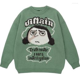 Men's Sweaters Fun Cartoon Character Jacquard Sweater Street Hip-hop Harajuku Vintage Pullover Couple Loose Green Black Knitwear Winter