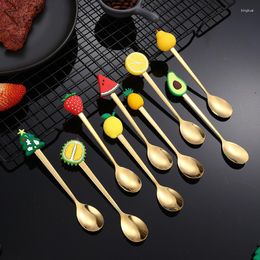 Spoons Stainless Steel Golden Tableware Creative Cartoon Spoon Children Cute Fruit Silica Gel Handle Coffee Dessert