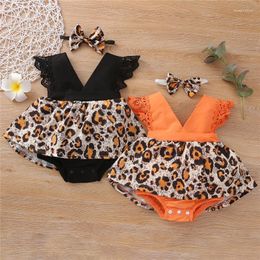 Clothing Sets Baby Summer Clothes Girls Sleeveless V-neck Leopard Print Jumpsuit With Lace Bow-knot Headband 3 Piece Set For 0-24 Months