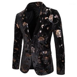 Mens Hipster Black Gold Rose Floral Bronzing Blazer Jacket Nightclub Men Suit Jacket Wedding Stage Singer Prom Slim Fit Blazers1283h