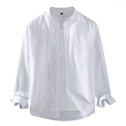 Men's Casual Shirts 2023 Spring Summer Linen Shirt Pure White Stand Collar Long Sleeve Henley Soft Comfortable Simple Slim Fashion